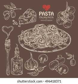 Collection of pasta and vegetables, cheese and champignon. hand drawn