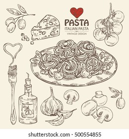 Collection of pasta and vegetables, cheese and champignon. hand drawn