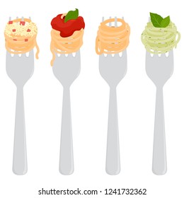 Collection of pasta wrapped on forks. Vector illustration