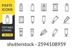 A collection of paste icons featuring various packaging designs, including tubes, sachets, and dispensers. These icons are perfect for illustrating medical ointments, cosmetic creams, editable stroke