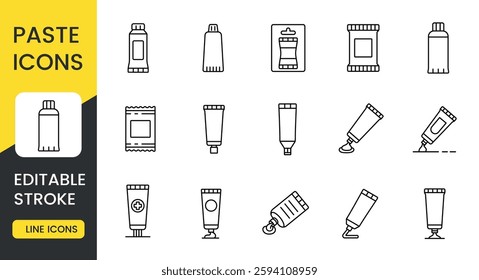A collection of paste icons featuring various packaging designs, including tubes, sachets, and dispensers. These icons are perfect for illustrating medical ointments, cosmetic creams, editable stroke