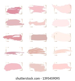A collection of pastel color swatches. Nude, rose, peach, pink brush strokes and spots in a gold frames on a white background. 