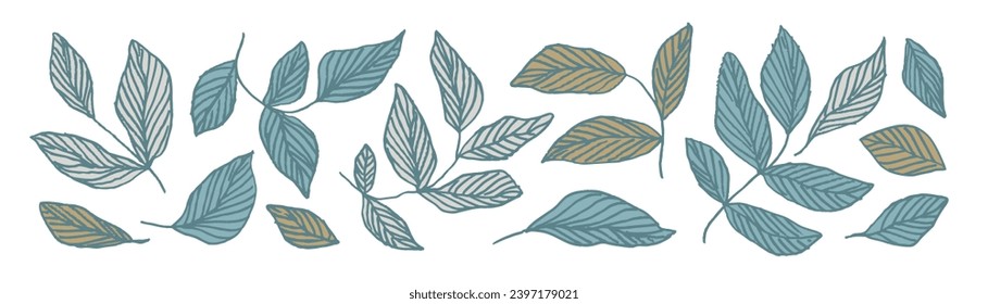 Collection of pastel colored outlined simple branches with leaves and veins. Hand drawn modern botanical illustration. Abstract elegant plant leaves isolated on white background. Doodle childish plant