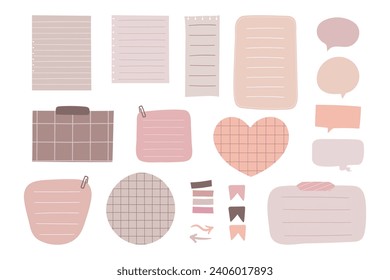 Collection of pastel colored paper notes. Blank banners, planner sticky notes for to-do-list, paper sheets, speech bubbles and bookmarks. Vector illustration