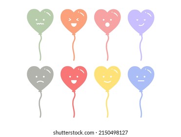 Collection of pastel colors heart shape balloons with different emotion feeling. Colorful cartoon floating balloons with emoji faces. Holiday celebration, party concept. Flat vector isolated design.