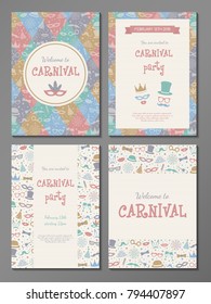 Collection of pastel coloured posters for Carnival Party. Vector.	
