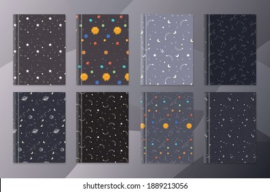 Collection of Pastel E-book Cover Templates , dark, night, sky, space, galaxy, stars, planets, astrology colors swatch color, Calming Colors, notebook, diary report, design.Vector Templates