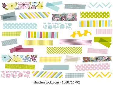 Collection of pastel and floral washi tape strips. Semi-transparent masking tape or adhesive strips for scrapbooking, borders, frames, web graphics, crafts, stickers and more.