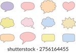 Collection of pastel hand drawn speech bubbles and thought bubbles including heart bubble and starburst badge elements, perfect for dialogue, message, and communication design.