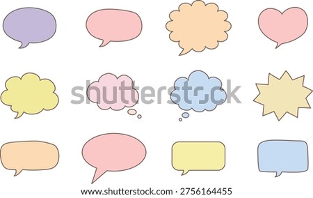 Collection of pastel hand drawn speech bubbles and thought bubbles including heart bubble and starburst badge elements, perfect for dialogue, message, and communication design.
