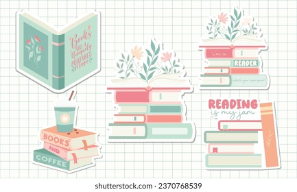 Collection of Pastel Reading Books Element, Book Lover Digital Stickers with Shadow. Pastel Book with Flower Clipart