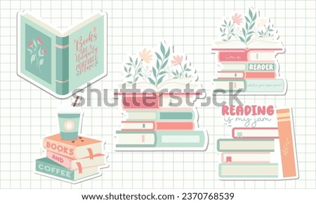 Collection of Pastel Reading Books Element, Book Lover Digital Stickers with Shadow. Pastel Book with Flower Clipart