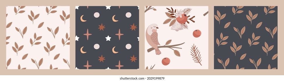 Collection of pastel seamless patterns. Christmas snowbirds and twigs. New year Abstract background set. Holiday vector illustrations.