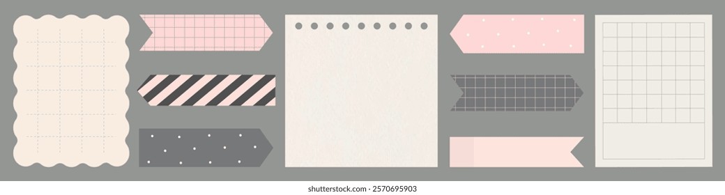 Collection of pastel sticky notes and labels. Includes pink, gray, and white designs. Sticky notes for organizing, planning, and decorating. Pastel sticky notes. Memo element vector set.