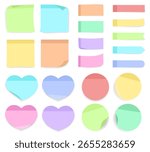 A collection of pastel sticky notes in multiple shapes: square, rectangle, long, circle, and heart. Designed for soft-themed planners and creative tools.