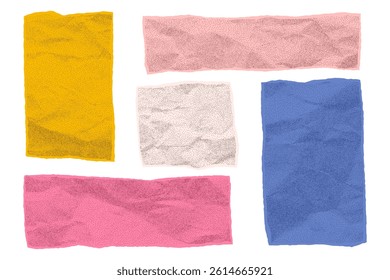 Collection of pastel torn notebook paper in irregular rectangle shapes. Crumpled texture with jagged edges and gritty halftone pattern, suitable for collage design, irregular text box.