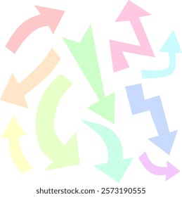A collection of pastel-colored arrows in various styles and directions, including straight, curved, and zigzag shapes, scattered across a white background.