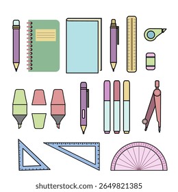 A collection of pastel-colored stationery vector illustrations including pens, pencils, notebooks, highlighters, rulers, erasers, protractors, and more. Perfect for school-themed designs, educational 