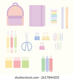 collection of pastel-toned, multicolored school supplies