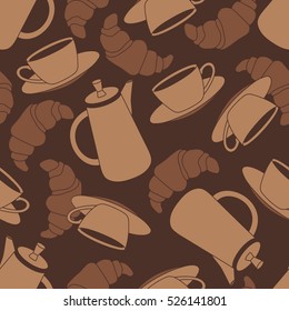 Collection of pastries and utensil, seamless pattern vector. Hand drawn backdrop with icons set. Background with sketch objects, coffee time. Decorative wallpaper, good for printing