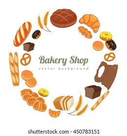 Collection of pastry or bakery items isolated on white. Cartoon bread icons. Frame of buns and bread with copy space for text. Vector