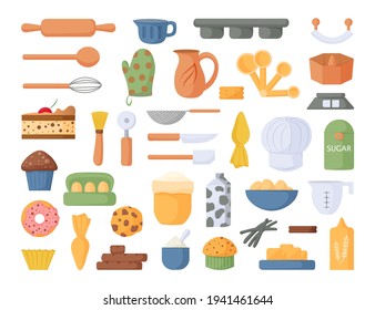 Collection of pastry and baking tools. Kitchen items collection. Design elements for print, packaging or stickers. Vector illustration. 