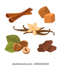 Collection of pastry flavors for drinks and baked goods, such as cinnamon, vanilla, chocolate, hazelnut and caramel, vector illustration, isolated design elements.