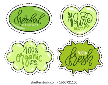 Collection of patches with eco friendly production and goods. 100 percent organic products, herbal and pure items. Calligraphic inscription on stickers set. Labels for vegans and vegetarian vector