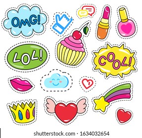 Collection of patches, set of isolated stickers. Inscriptions and images. Crown and nail polish. Omg and lol icons. Heart with rainbow and falling star, sweet cupcake with cream, vector in flat