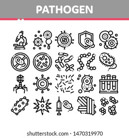 Collection Pathogen Elements Vector Sign Icons Set. Pathogen Bacteria Microorganism, Microbes And Germs Linear Pictograms. Analysis In Flask, Microscope And Injection Black Contour Illustrations