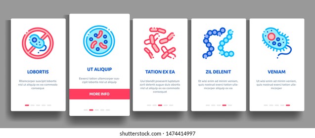 Collection Pathogen Vector Onboarding Mobile App Page Screen. Pathogen Bacteria Microorganism, Microbes And Germs Linear Pictograms. Analysis In Flask, Microscope And Injection Illustrations