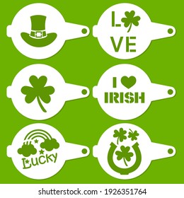 Collection of Patrick's Day coffee stencils for drawing picture on macchiato, cappuccino, latte. Silhouettes template for laser cutting. Festive vector illustration.