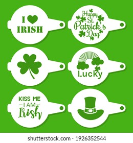 Collection of Patrick's Day coffee stencils for drawing picture on macchiato, cappuccino, latte. Сlover, rainbow, hat. Silhouettes template for laser, paper cutting. 