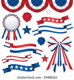 Collection of patriotic emblems, including banners, ribbons, and bunting in traditional red, white and blue; file contains unexpanded blends and clipping paths.