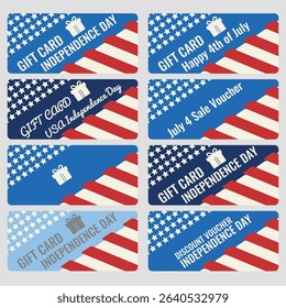 A collection of patriotic gift cards and vouchers for 4th of July. Includes various label designs with stars, stripes, and promotional messages. Ideal for holiday sales.