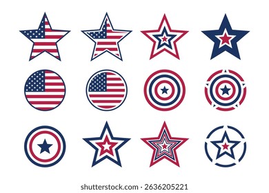 A collection of patriotic symbols United states flag icons showcases red, white, and blue stars and circles on white backdrop.