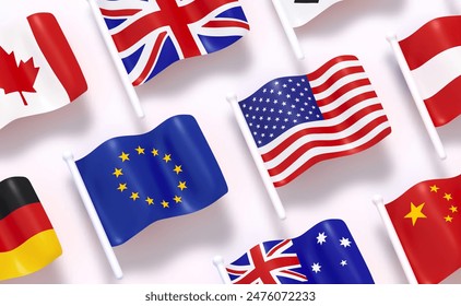 Collection Pattern flag, European, American, German, British and Chinese, Canadian and background white color. Realistic cartoon 3d style. Flag fabric effect texture flat top view. Vector illustration