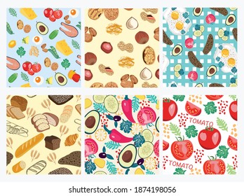 Collection of pattern with organic food . Vector hand drawn background with Healthy food. Fresh Healthy food background. 