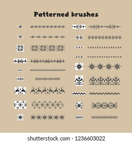 Collection of patterned brushes, decorated with scandinavian folk ornaments, seamless on both sides, .