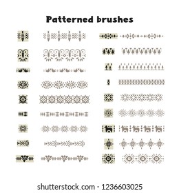 Collection of patterned brushes, decorated with scandinavian folk ornaments, seamless on both sides, .
