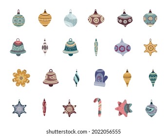Collection of patterned Christmas tree toys. Christmas illustrations with abstract ornament.