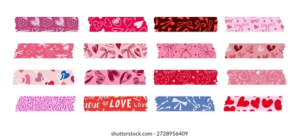 A collection of patterned pink and red decorative adhesive tapes for Valentine's Day. Love-themed decorative tapes for crafts and scrapbooking. Vector.