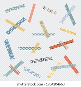 Collection of patterned washi tape strips attached in random order, flat vector illustration isolated on transparent background. Decorative scrapbooking paper tapes.