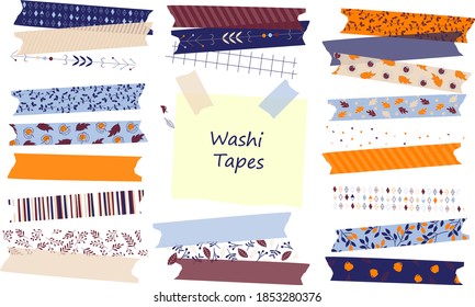 Colección de cintas de washi con patrones. Plantas. Ilustración vectorial. Colores otoñales. 