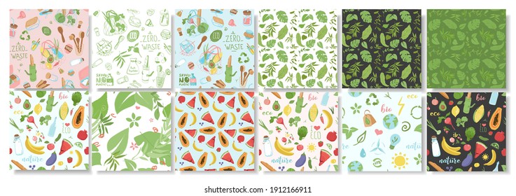 Collection of patterns about ecology, plants, eco friendly packaging, fruits. Flat vector illustration