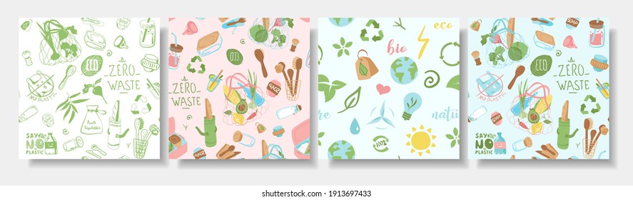 Collection of patterns about ecology, plants, eco friendly packaging, fruits. Flat vector illustration	