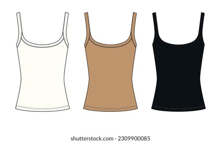 A collection of patterns of classic strappy shirts with a round neckline, white, beige, black colors. Vector pattern of women's strappy undershirt.