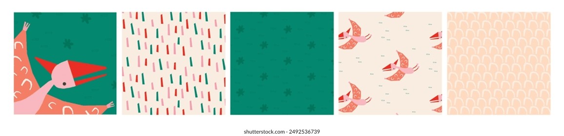 Collection of patterns with dinosaur, plants and abstract elements. Seamless vector pattern with cute dinosaurs for fabric, typography poster, card, label, brochure, flyer, page, banner design. Vector