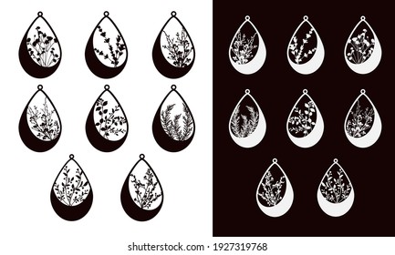 Collection of patterns of earrings in the form of a drop with silhouettes of flowers and herbs. Suitable for cutting and printing svg