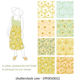 collection of patterns for fabric with a sample of a model in a skirt and top with bright floral hand drawn prints